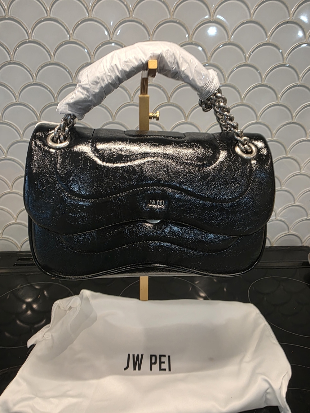 JW PEI Glossy Black Sculpted Chain-Handle Shoulder Bag